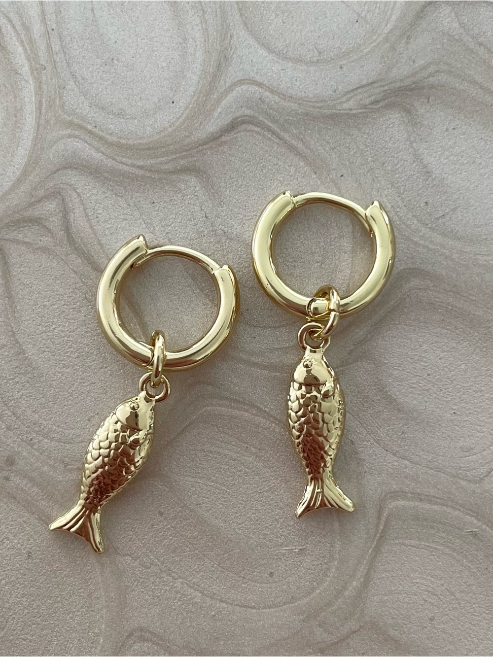 14K Gold Plated Fish Charm Hoop Earrings - Women's Dangle Fish Hoops